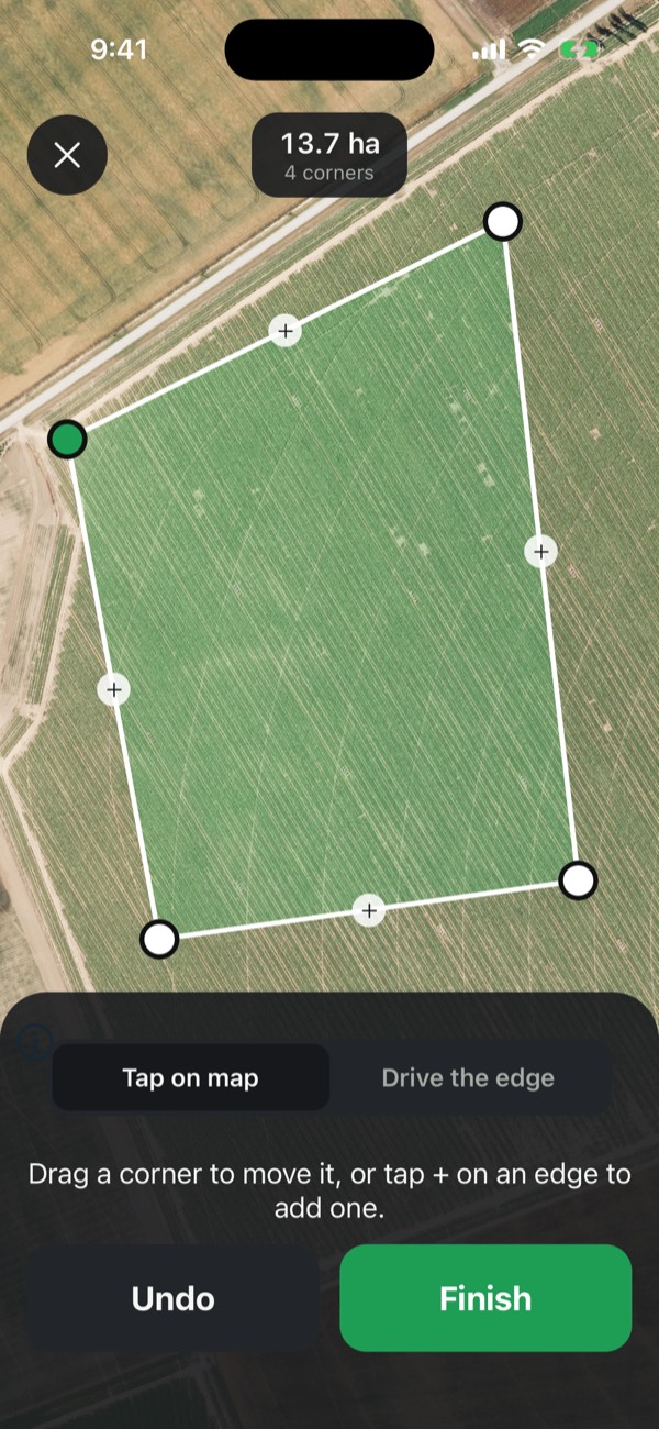 Drawing a 13.7 hectare field on the satellite map by placing and dragging corners.